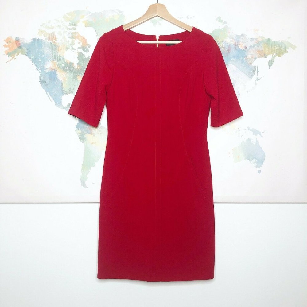 Tahari Sz 4 Dress Sheath Red Short Sleeve Pockets